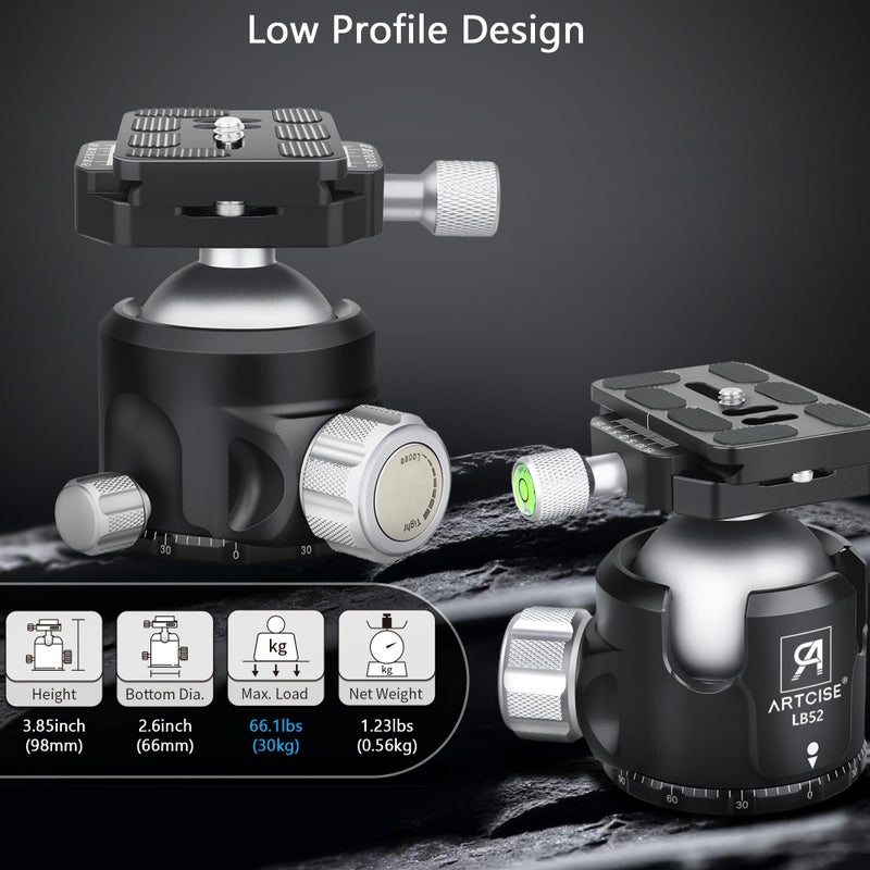 ARTCISE Low Profile Ball Head Tripod Mount Ball Head 52mm Diameter ARTCISE LB52 All Metal CNC Machining with Two 1/4" Quick Release Plates for Tripod, Monopod, DSLR, Camcorderï¼ŒMax Load 66lbs /30kg - Image 2